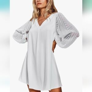 Cupshe White V-Neck Bishop Sleeve Mini Dress, Size M, Sheer Sleeves